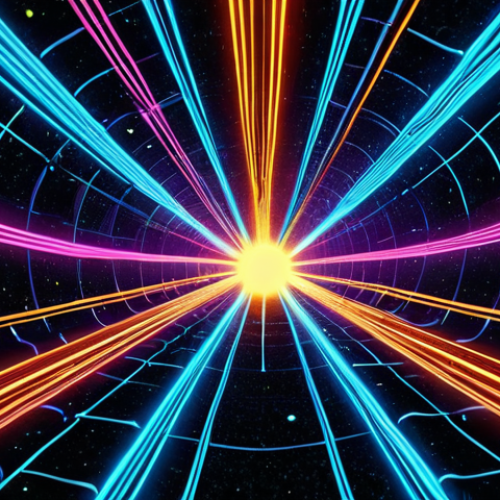 Home 4 **
Prompt: Entangled photons, vibrant and surreal, connected by a glowing line across a cosmic background. Emphasize the paradox of "spooky action at a distance." Style: Science illustration, vibrant colors, high detail.
**