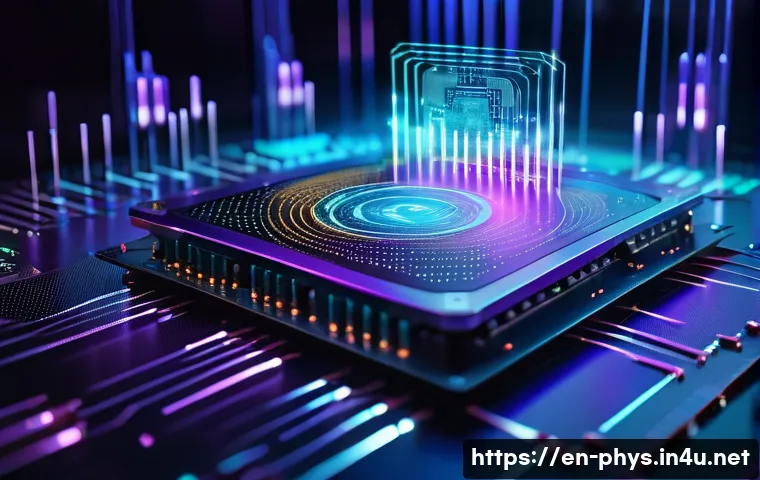양자정보이론과 암호화 - A highly detailed futuristic laboratory scene showing a quantum computer at work, with glowing qubit...